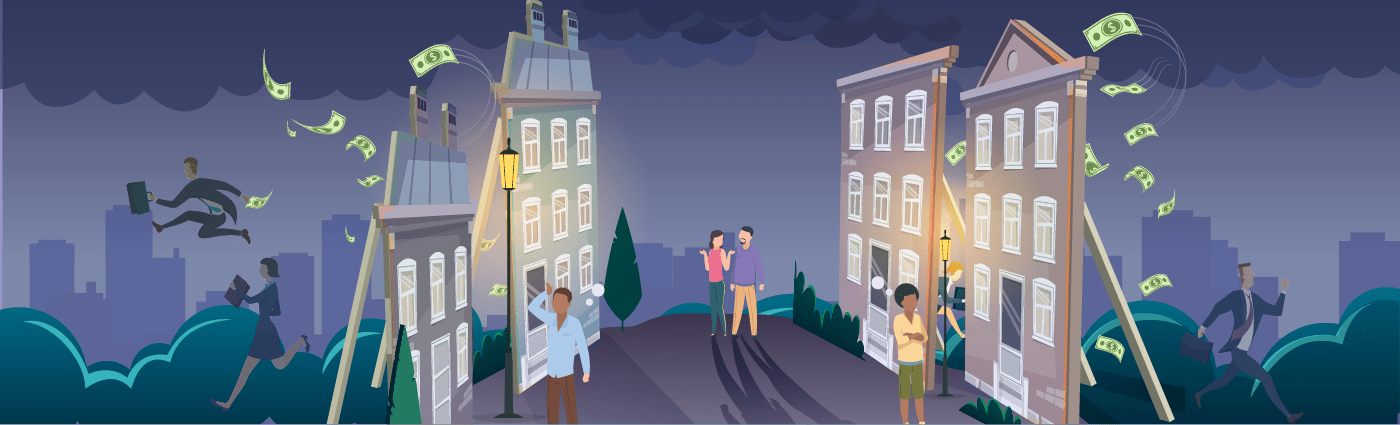 cartoon of people walking down a street with fake homes