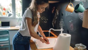 woman washing hands in her kitchen