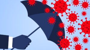 cartoon of hand holding an umbrella blocking germs