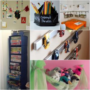 collage of organizing ideas for a crowded apartment