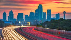 Dallas skyline during the sunset over a busy highway