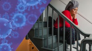woman sitting on steps with germ spores overlapping the image