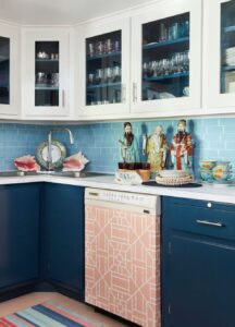 kitchen with blue decorations and glass cabinets