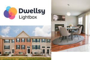 dwellsy Lightbox logo and picture of an apartment complex and dining room