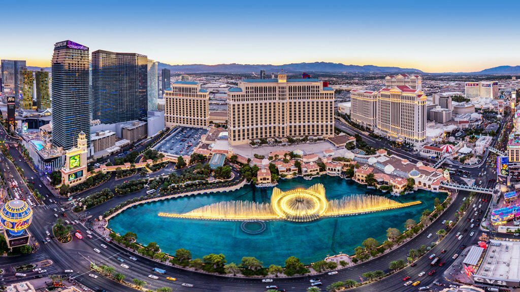 aerial view of Las Vegas over fountain