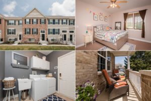 photos of home exterior, porch, bedroom and bathroom
