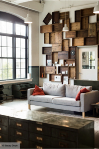 wooden wall decoration in rustic style living room
