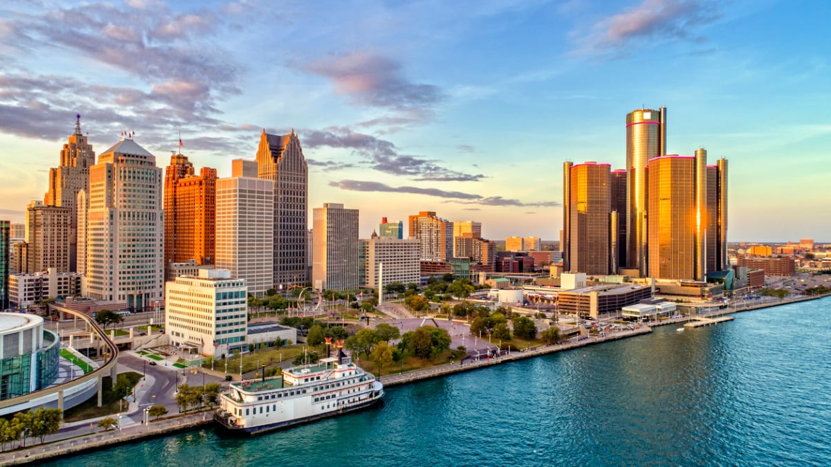 Detroit skyline with view of water