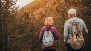 elderly couple walking
