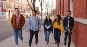 college students walking town