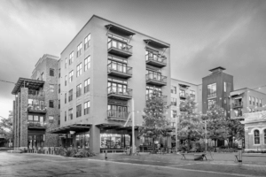 black and white photo of apartment building