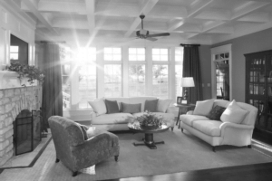 black and white photo of living room