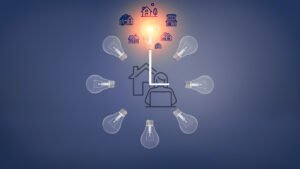 cartoon graphic with lightbulbs, houses, and woman typing