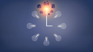 cartoon graphic with lightbulbs and houses