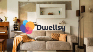 couch in living room with Dwellsy logo