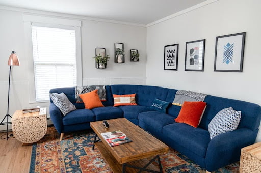 long blue couch in living room