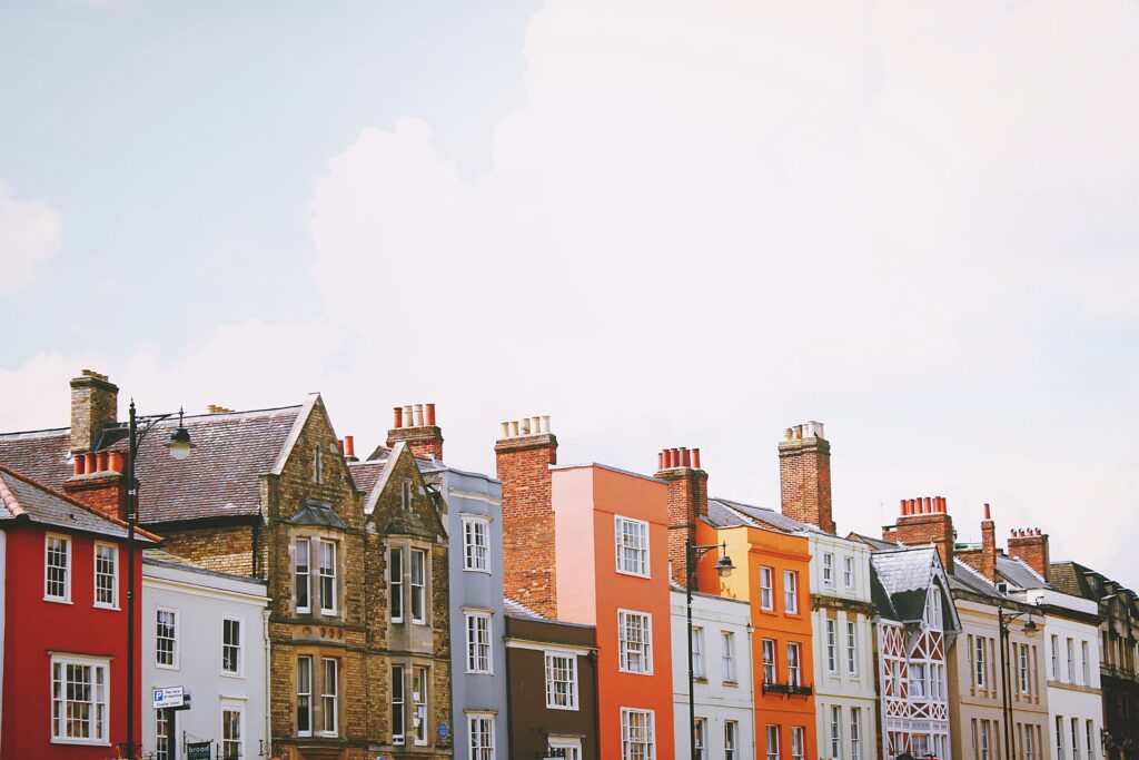 row of colorful town houses