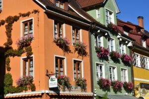 colorful townhomes with flowers