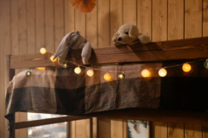 bedroom decorated with string lights