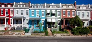 street view of colorful town houses
