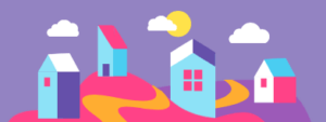 colorful city graphic of homes