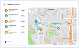 Map view showing nearby places, distances, and routes around a rental property
