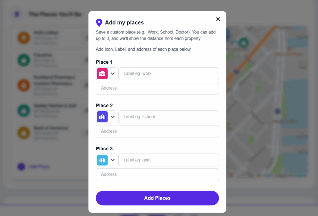Modal allowing users to add custom places like work, school, or gym to a rental map