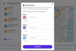 Modal allowing users to add custom places like work, school, or gym to a rental map