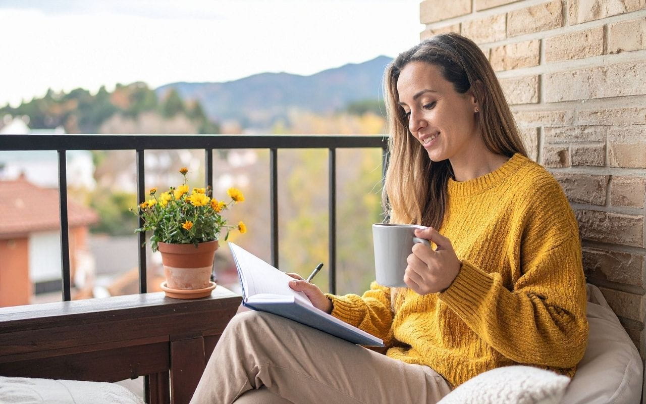 Woman in a yellow sweater reading on an apartment balcony, enjoying flexible living as a renter