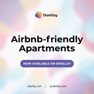 A promotional graphic with the Dwellsy logo and large text reading "Airbnb-friendly Apartments Now Available on Dwellsy" over a colorful abstract background.