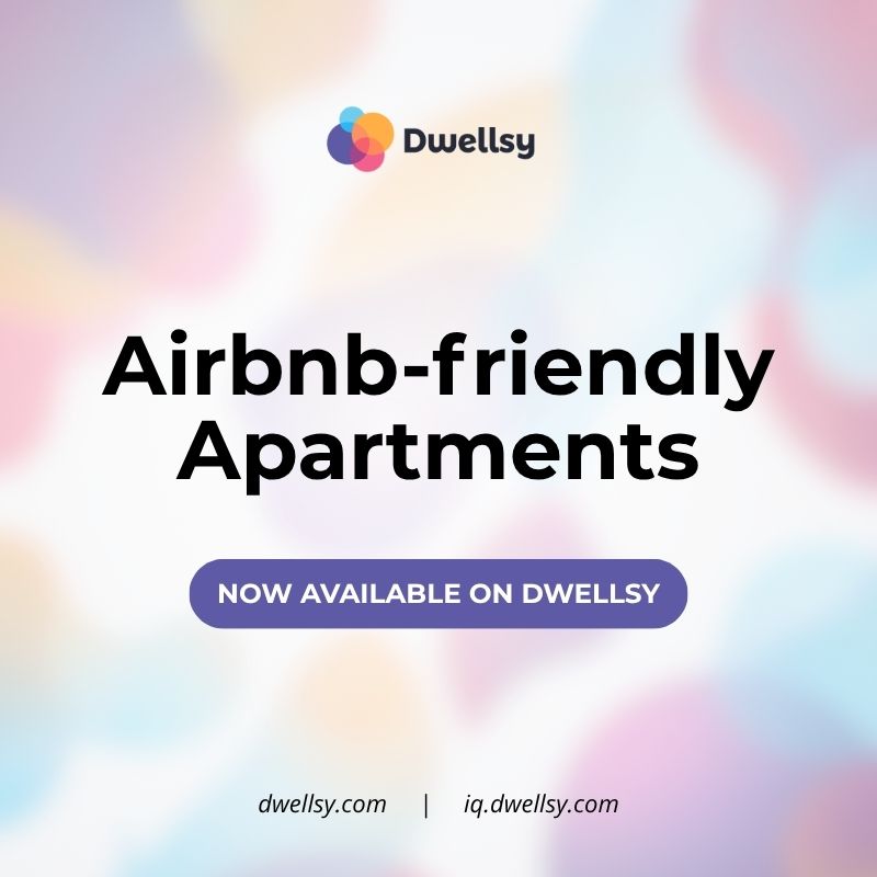 A promotional graphic with the Dwellsy logo and large text reading "Airbnb-friendly Apartments Now Available on Dwellsy" over a colorful abstract background.