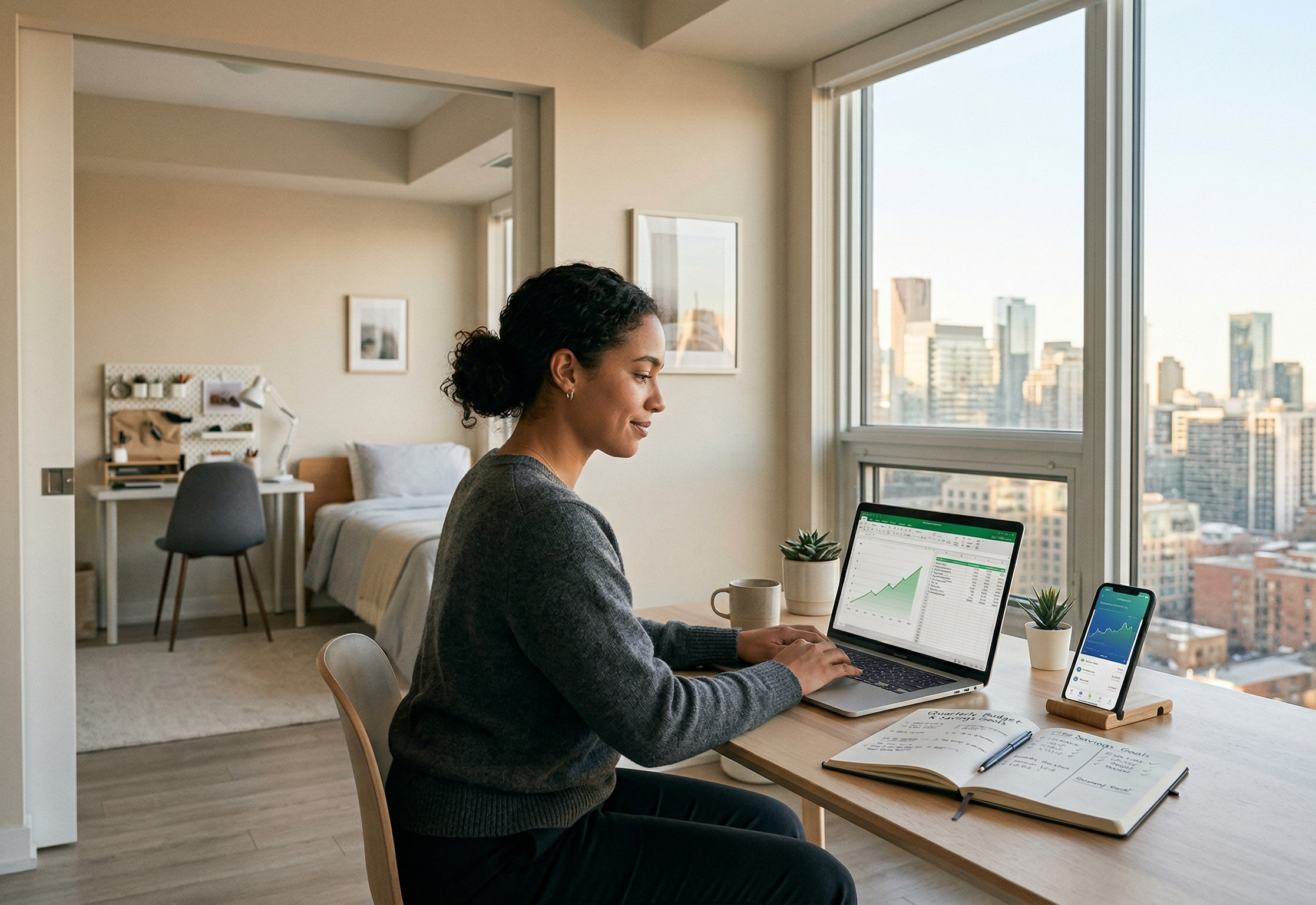 A young professional woman, focused on building wealth and financial security as a renter, works at a sleek desk in a sunlit urban apartment. Her laptop and phone display investment charts, next to a budget notebook. The background shows a multi-functional space and a city view, illustrating smart financial choices.