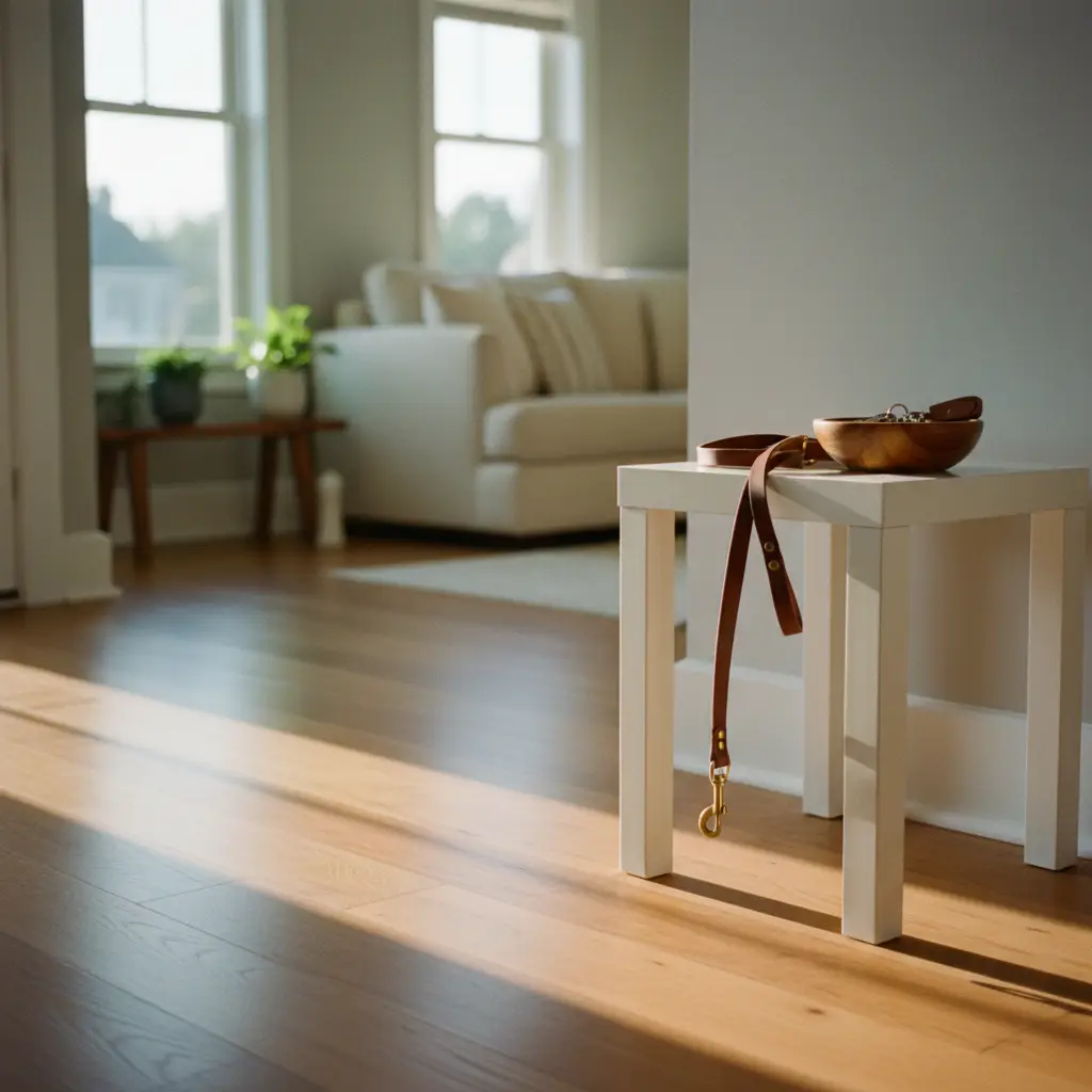 Sunlit living room with a white square side table; a brown leather strap with a metal clasp hangs from the table, and a wooden bowl sits on top.