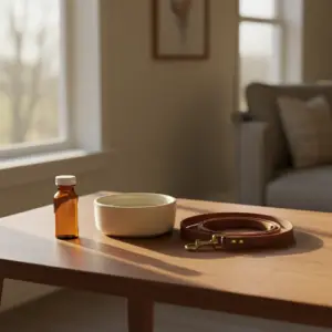 A small amber medicine bottle, a ceramic bowl, and a leather leash rest on a wooden table, serving as a helpful visual for those researching where to buy pet medications.