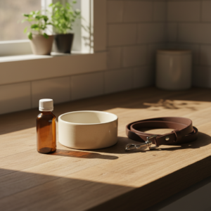 An amber glass medicine bottle next to a ceramic bowl and a brown leather leash on a wooden surface, highlighting where to buy pet medications.