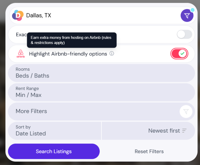 A screenshot of the Dwellsy rental search interface showing a toggle switch for "Highlight Airbnb-friendly options" and a tooltip explaining how to earn extra money by hosting.