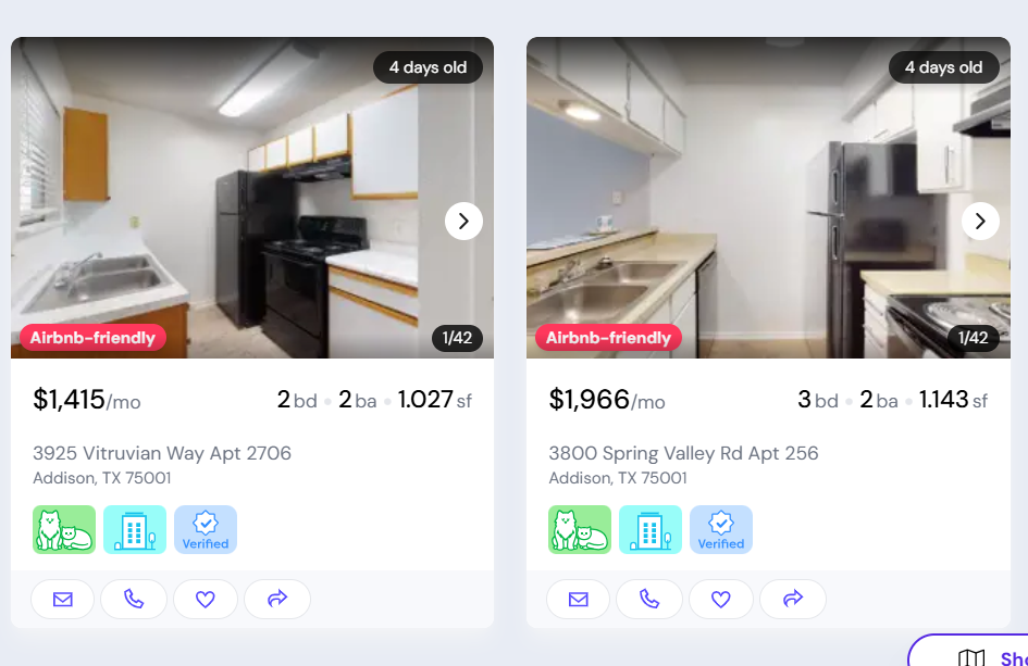 Two apartment rental listings on Dwellsy featuring pink "Airbnb-friendly" badges on the property photos for units in Addison, Texas.