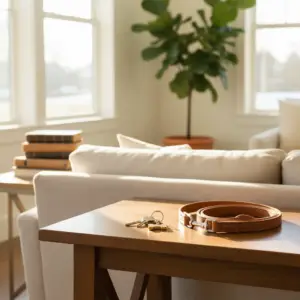 A leather dog leash and house keys sit on a wooden table in a bright, modern living room, illustrating the process of apartments vs houses pet owners renting.