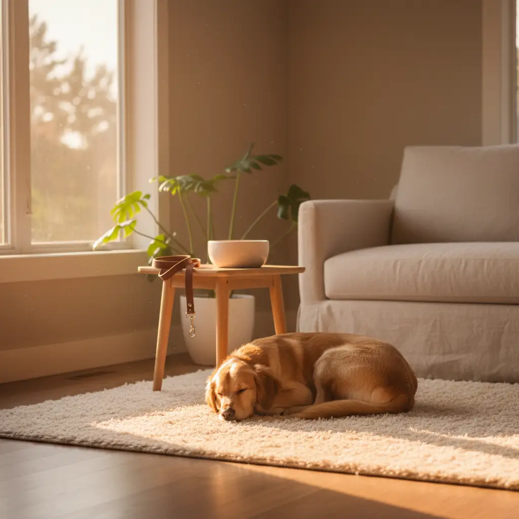 A golden retriever rests curled up on a cream-colored rug in a sunlit living room near a wooden table, showcasing the effects of using the best dog anxiety supplements for indoor dogs.