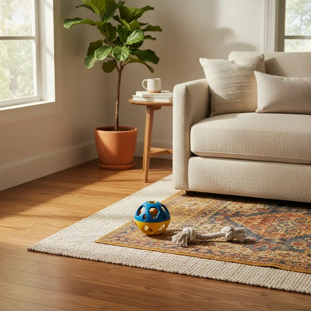 A colorful interactive ball and a rope toy sit on a patterned rug in a bright, cozy living room, representing the best dog toys for indoor stimulation.