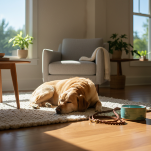 A golden Labrador retriever sleeps peacefully on a white rug in a sunny room, representing the benefits of using the best supplements for dog anxiety.