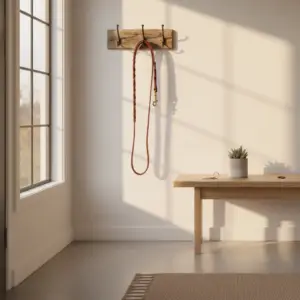 A serene entryway scene with a leash hanging on a wooden rack above a bench, illustrating a home environment that welcomes pets despite common breed restrictions rentals.