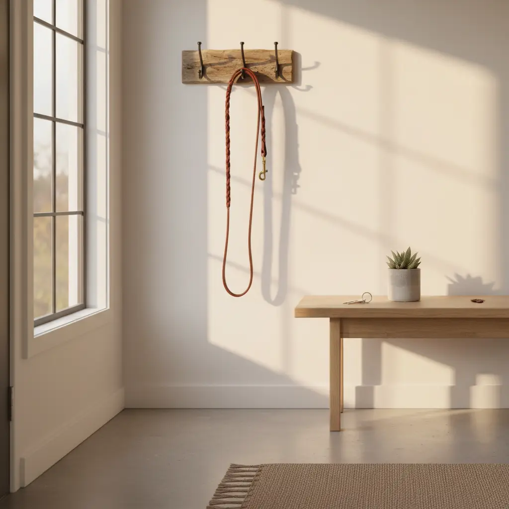 A serene entryway scene with a leash hanging on a wooden rack above a bench, illustrating a home environment that welcomes pets despite common breed restrictions rentals.