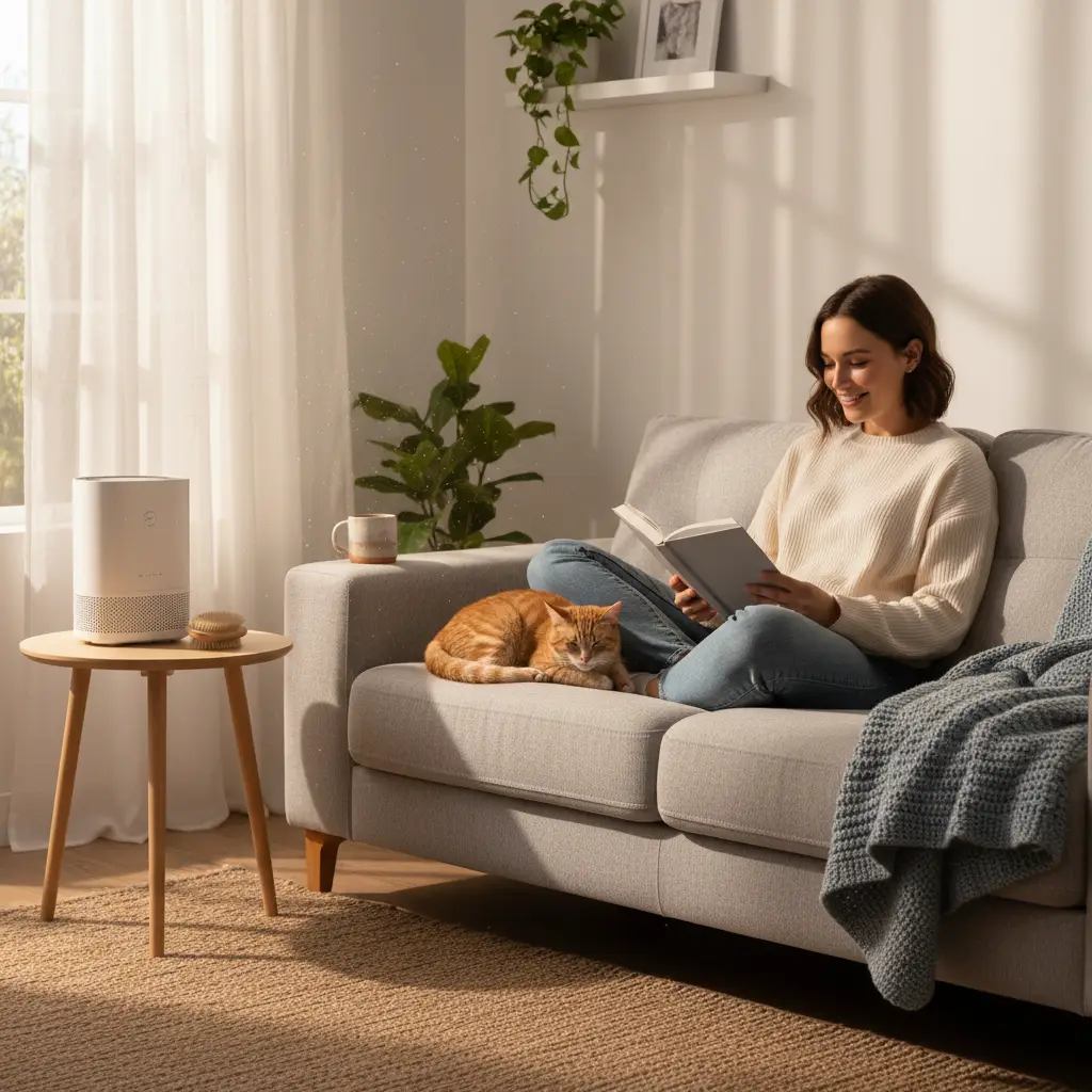 A woman reads a book on a grey sofa next to a resting cat while a modern air purifier runs nearby as part of a cat allergy treatment plan.