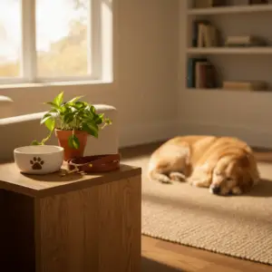 A golden retriever sleeps on a rug next to a wooden end table with a plant, a bowl, and a leash, highlighting the comfort needed when searching for the cheapest pet medications online.