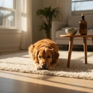 A golden retriever lies peacefully on a soft rug in a sunlit living room, representing how to identify and support dog anxiety at home.