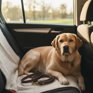 A yellow Labrador retriever resting calmly on a car seat next to a leather leash, representing the challenge of managing dog anxiety in the car.