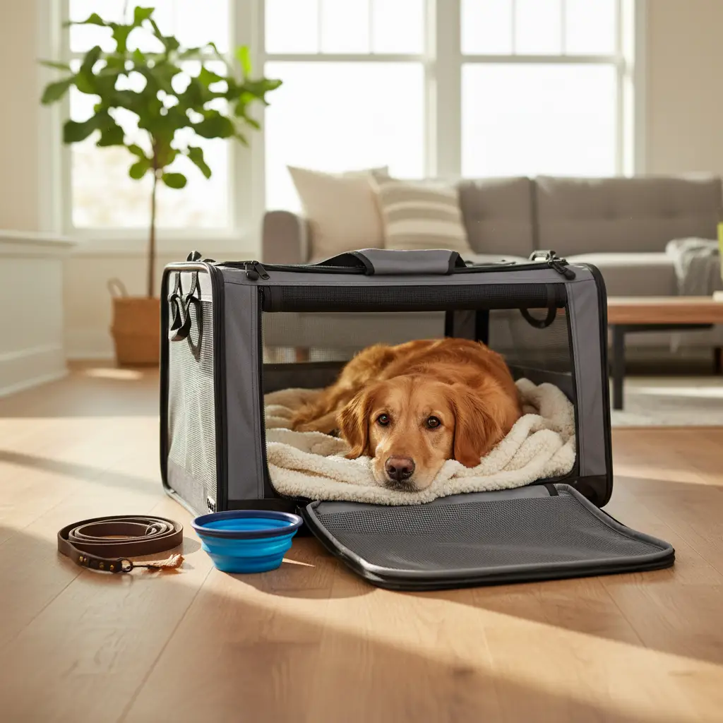 A golden retriever relaxing on a plush blanket inside a travel crate, showing signs of dog anxiety on flights during preparation.