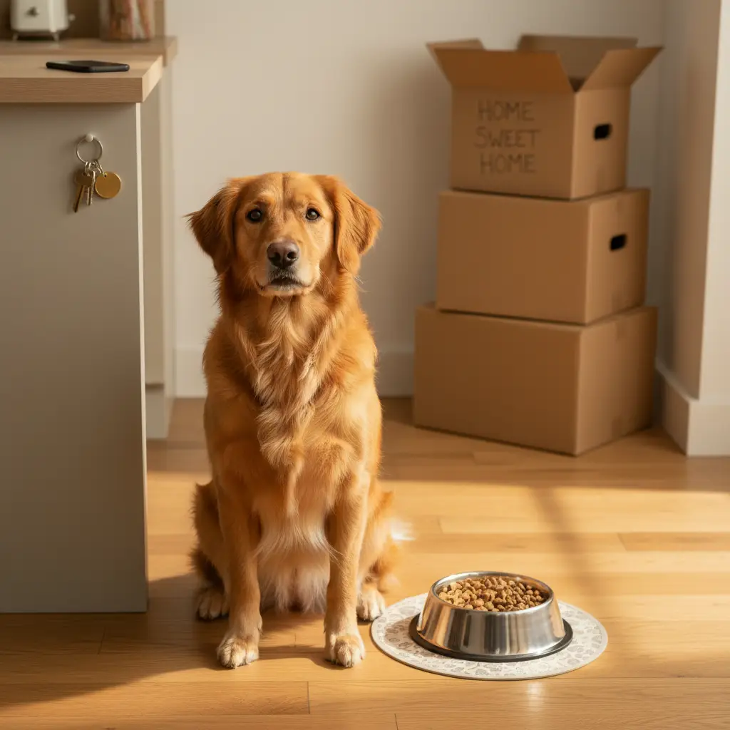 A golden dog sits on the floor near unpacked cardboard boxes with a bowl of food nearby, illustrating a dog not eating after moving.