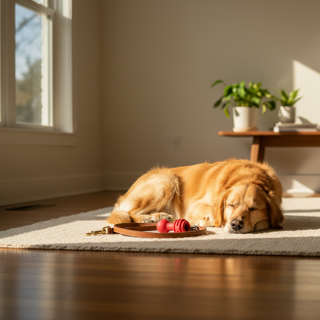 A golden retriever sleeps on a living room rug next to a leash and a toy, appearing calm instead of being a dog restless indoors.